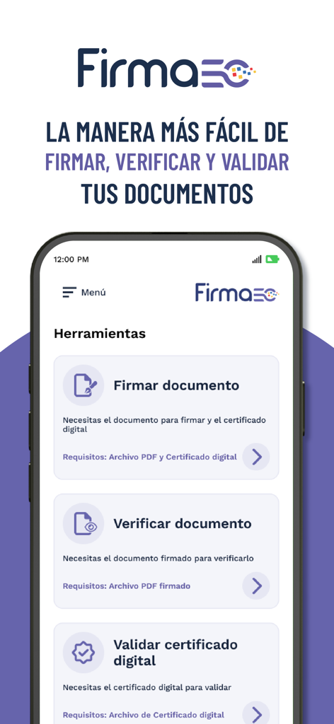 FirmaEC móvil - Interfaz de la aplicación FirmaEC móvil mostrando opciones para firmar, verificar y validar documentos electrónicos
