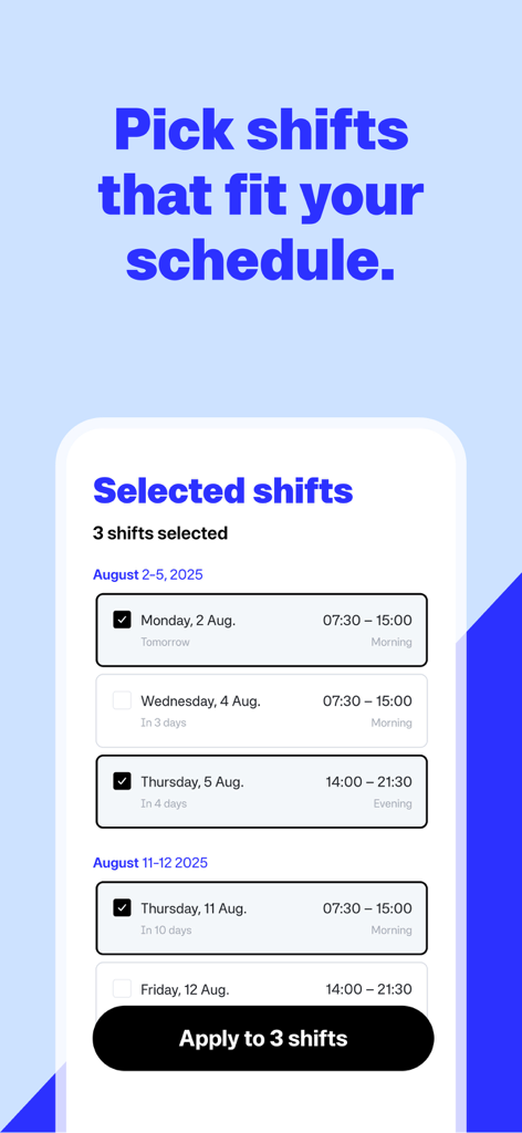 Zenjob - Flexible Nebenjobs - A mobile screen from the Zenjob app showing a list of selected work shifts with dates and times for flexible scheduling.