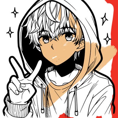 teenage manga boy in a hoodie, doing ✌