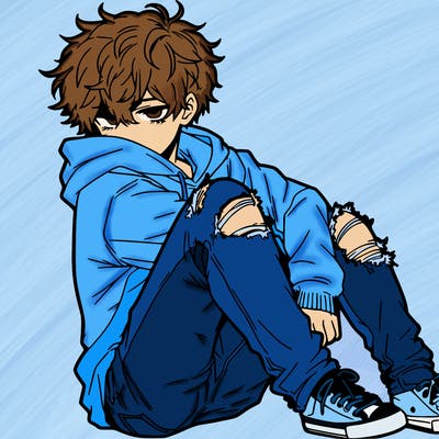 a male hoddie ripped jeans messy hair anime