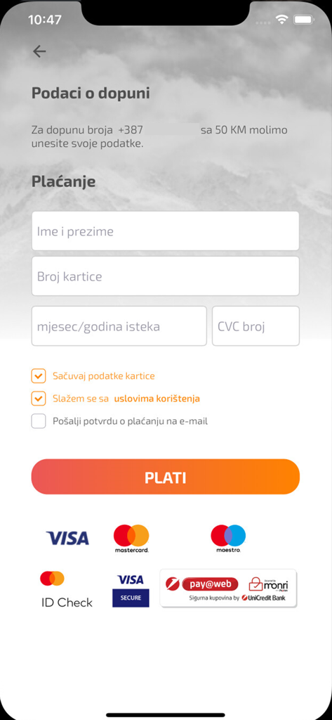 Moj BH Telecom - Moj BH Telecom mobile application payment and top up interface