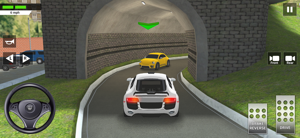 画面上のコントロールを備えた高校ドライビングテスト3Dシミュレーターで、石のトンネルに入る白いスポーツカー