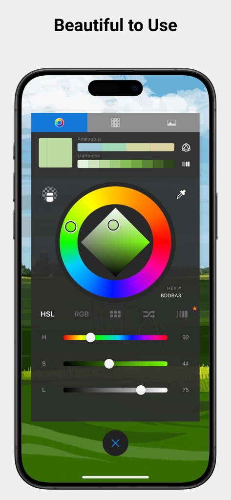 Sketchbook® - Screenshot of the Sketchbook app on a mobile device showing a professional color wheel and HSL slider tools for digital art.