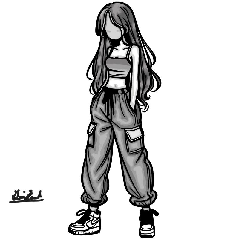 girl in baggy pants crop top and long hair
