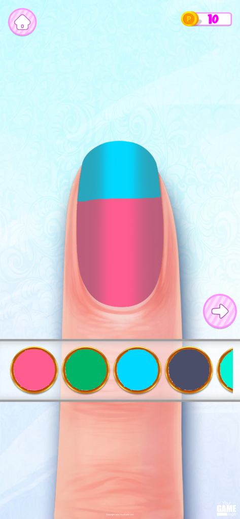 Nail Salon Game: Makeup Games - Una pantalla de manicura digital que muestra una uña pintada de rosa y azul con una selección de colores de esmalte de uñas