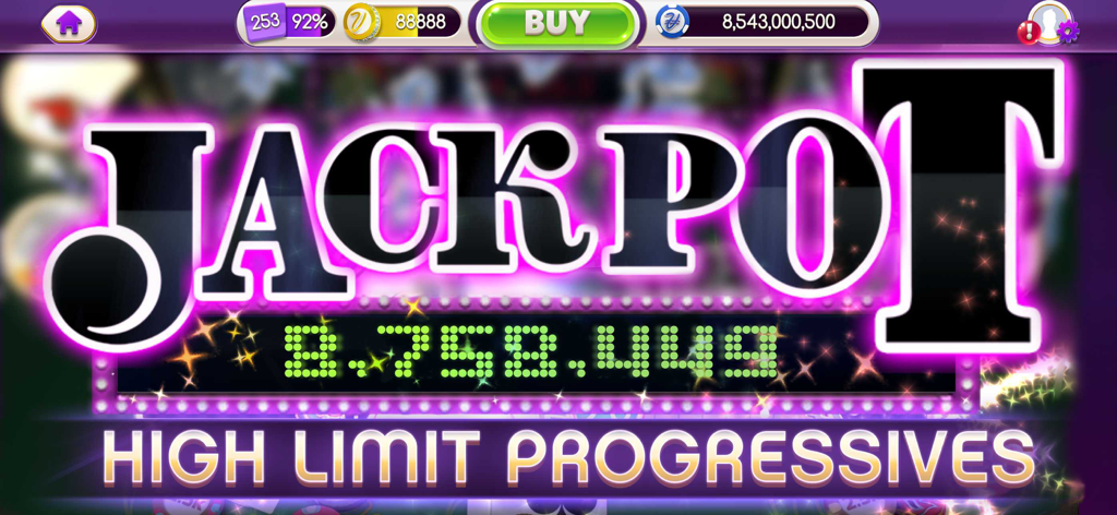 A high limit progressive jackpot screen in myVEGAS Blackjack showing a reward of over 8 million chips