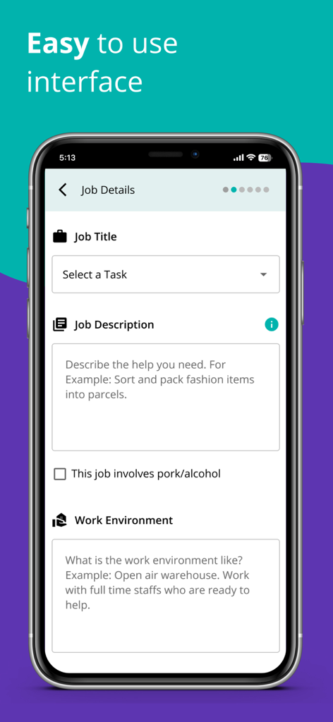 GoGet: Hire on demand - A smartphone screen displaying the GoGet app's job details page with fields to enter job title, description, and work environment.