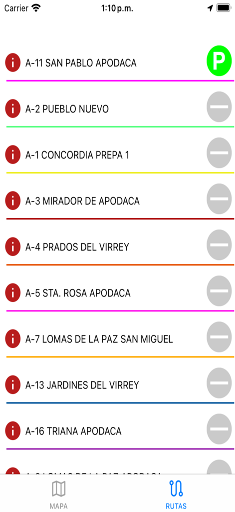 Circuito Contigo - Una lista de rutas de autobús disponibles y sus destinos dentro de la aplicación de navegación Circuito Contigo.