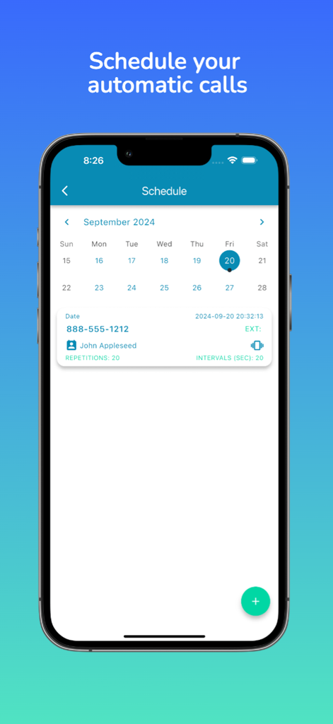 Auto Redial App - Smartphone screen showing the Auto Redial App calendar interface for scheduling automatic calls with repetition settings