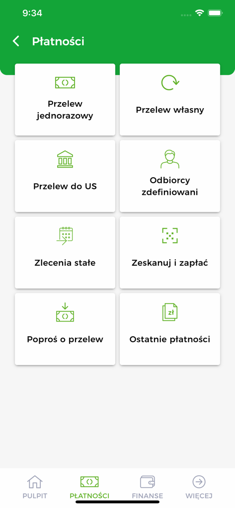 Kasa Stefczyka Online - Kasa Stefczyka Online mobile app screen displaying various payment and transfer options in Polish