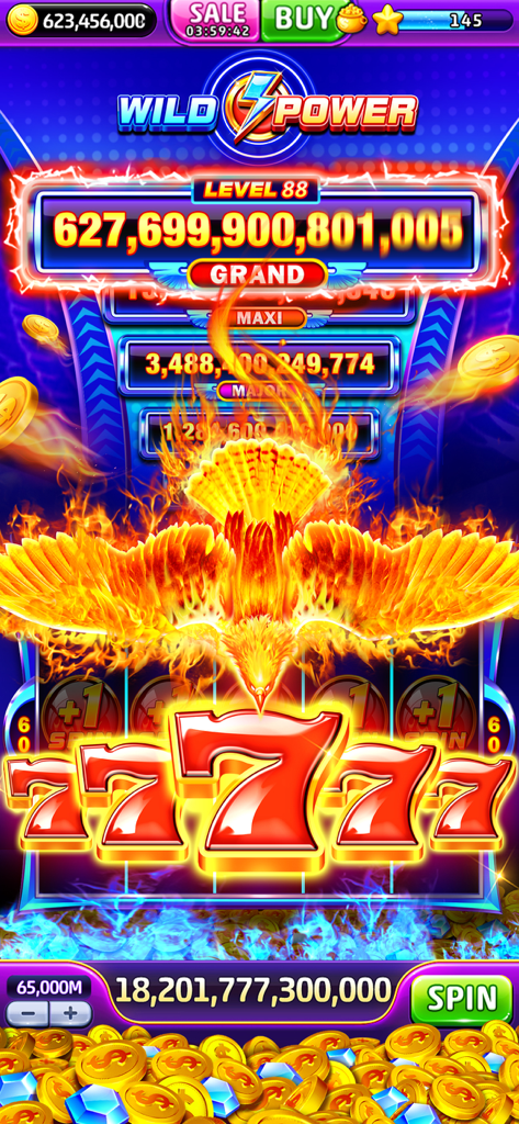 Jackpot World mobile slot game with a flaming phoenix and big 777 wins