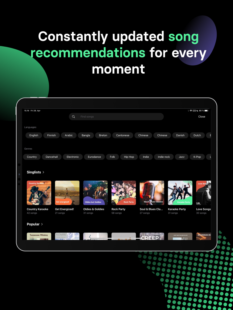 Singa Pro professional karaoke app interface displaying song recommendations and genres on an iPad