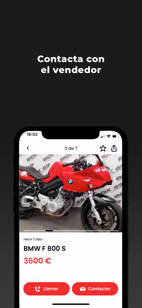 Motos.net - Motos de ocasión - Pantalla de la aplicación Motos.net mostrando un anuncio de moto BMW F 800 S con precio y botones de contacto para llamar o enviar un mensaje al vendedor