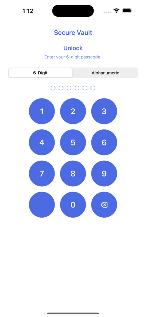 SecurePad Media Vault - Pantalla de desbloqueo de SecurePad Media Vault con un teclado numérico de código de acceso de 6 dígitos