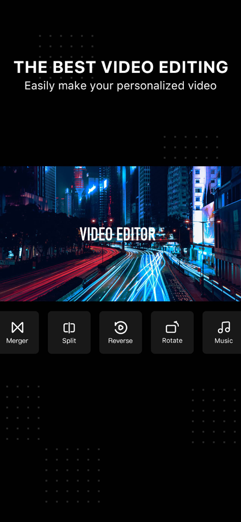 Video Editor . - Video editor app screen showing merger split and music editing options