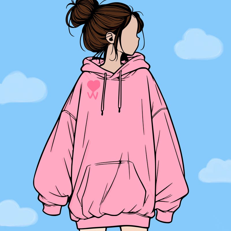 realistic girl with a oversized sweatshirt on and a bun