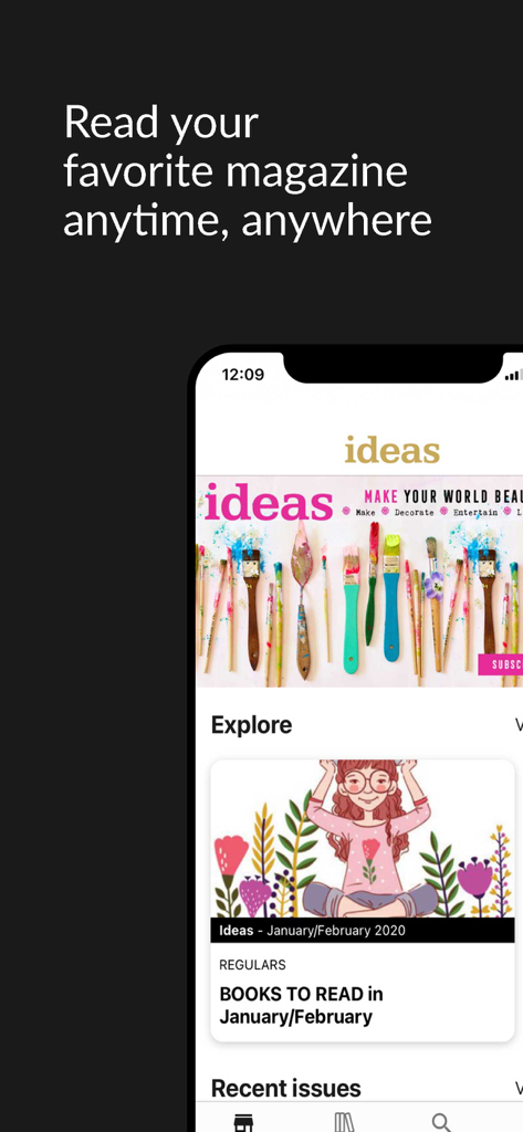 Ideas Magazine - Ideas Magazine mobile app interface showing craft inspiration and book recommendations on a smartphone screen.