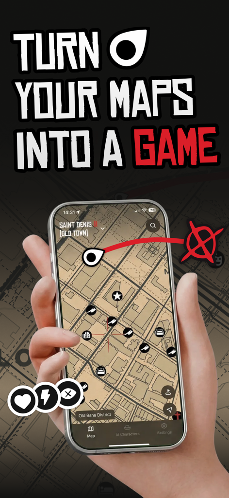 Game Maps IRL - Una mano sosteniendo un smartphone mostrando un mapa de navegación con estilo de videojuego y el título "Convierte Tus Mapas en un Juego"