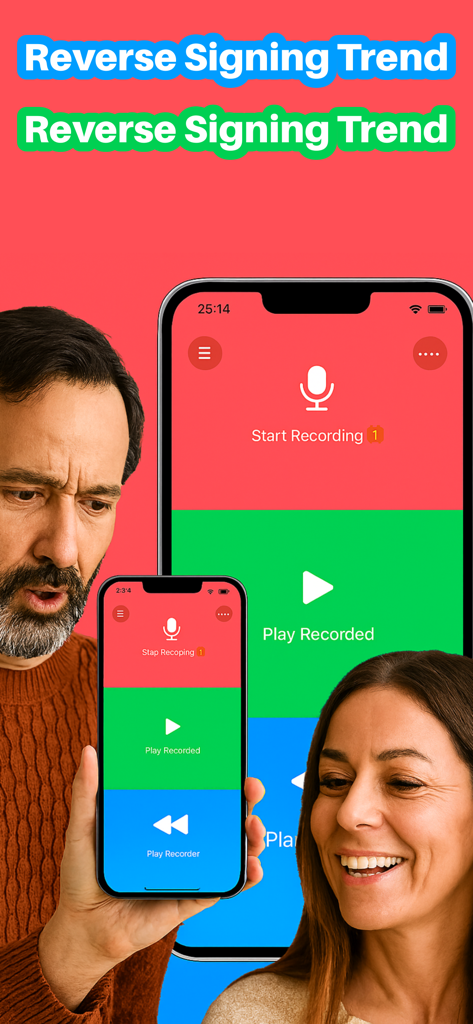 Reverse Audio Singing Trend - Due persone che ridono e usano l'interfaccia dell'app Reverse Singing Trend sui loro iPhone