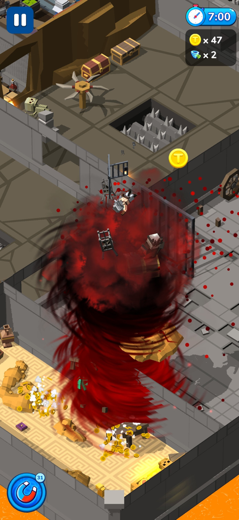A large red tornado swallowing furniture and gold coins in a 3D dungeon level