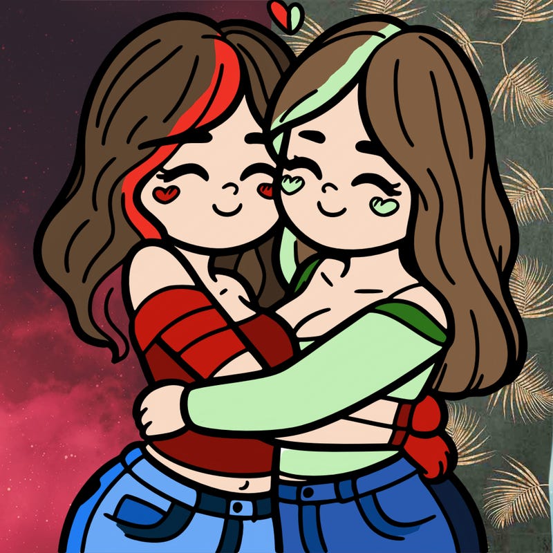 two females (pride month) hugging