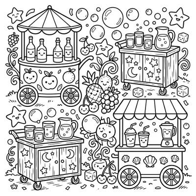 Explore a delightful scene filled with charming mobile bar carts and fruit stands, perfect for young artists. This whimsical coloring page features adorable smiling fruits, drinks, and starry friends ready for a splash of color.