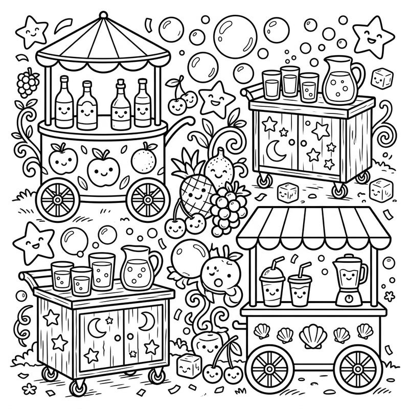 Explore a delightful scene filled with charming mobile bar carts and fruit stands, perfect for young artists. This whimsical coloring page features adorable smiling fruits, drinks, and starry friends ready for a splash of color.