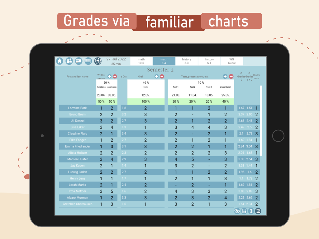 Teachers EasyNote - Digital gradebook chart in the Teachers EasyNote app displaying student names and calculated semester grades on an iPad
