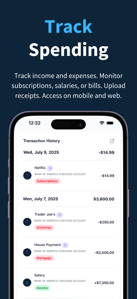 Koody - Budget & Bills Tracker - Mobile screen of Koody app showing transaction history with income and expenses like groceries and rent