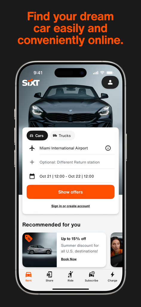 SIXT rent, share, ride & plus - La schermata principale dell'app mobile SIXT che mostra un'auto sportiva BMW convertibile di lusso e un modulo di prenotazione per il noleggio auto per l'aeroporto internazionale di Miami