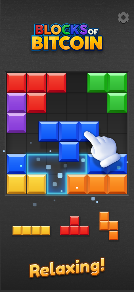 Blocks of Bitcoin - Una colorida cuadrícula de rompecabezas de bloques en el juego móvil Blocks of Bitcoin con una mano arrastrando una pieza y la palabra Relajante en la parte inferior