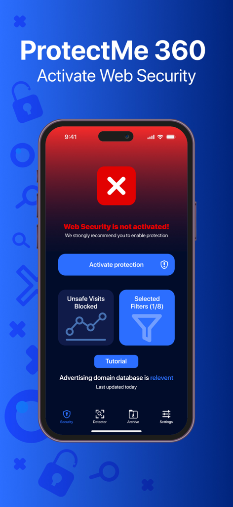 ProtectMe 360 - Web Security - ProtectMe 360 app dashboard showing a prompt to activate web security protection with a red warning status.