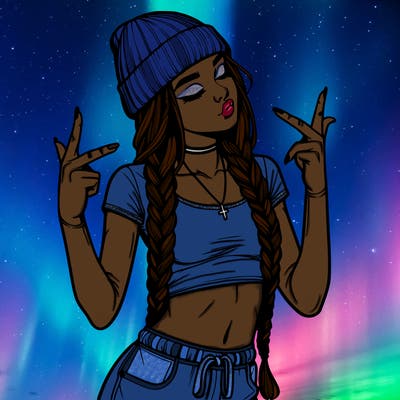 realistic teenage girl with braids and a beanie and crop top doing 🫶🏼