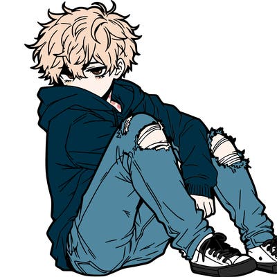 a male hoddie ripped jeans messy hair anime