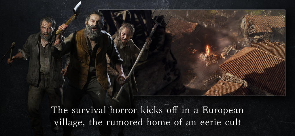 Resident Evil 4 - Aldeanos hostiles con horcas y hachas frente a un pueblo europeo espeluznante por la noche.