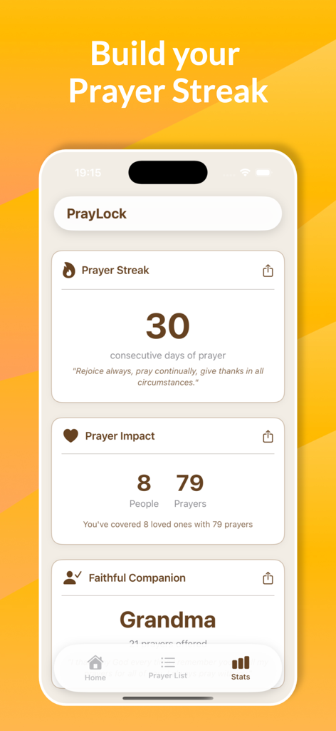 PrayLock : Prayer Screen Time - PrayLock app interface showing a thirty day prayer streak and statistics for prayers offered to loved ones.