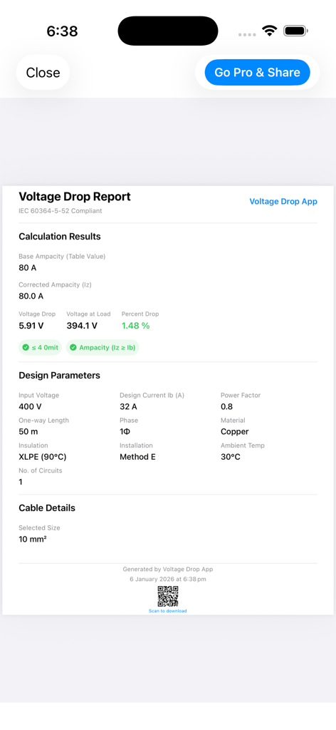 Voltage Drop Calculator. - A professional voltage drop report showing calculation results design parameters and cable size details