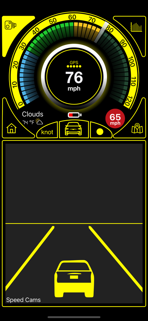 Speedometr - Digital speedometer app interface displaying 76 mph with speed limit and camera warnings.