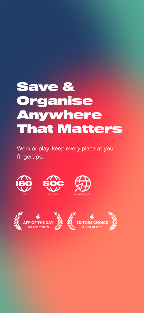 Pin Drop - Places That Matter - Promotional screen for Pin Drop app showing security certifications and App Store awards