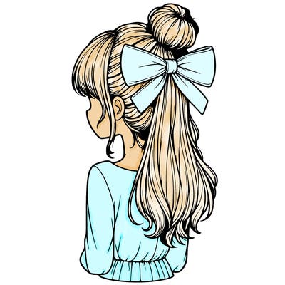 realistic girl  with hip length hair a bun and a big bow on the back of head