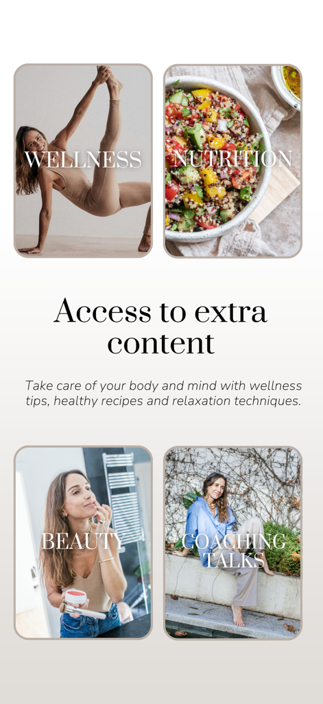 Swan by Carolina app screenshot displaying wellness nutrition beauty and coaching content categories