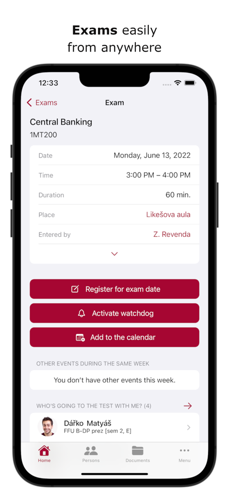 My College 2 - Mobile app screen showing exam details and registration options for a Central Banking course.