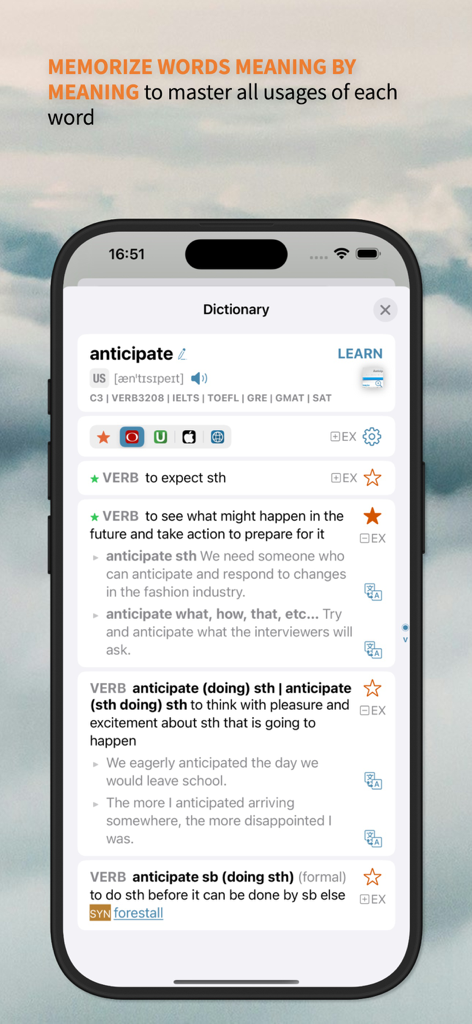 TingYue App-Wörterbuch-Oberfläche mit mehreren Definitionen und Beispielsätzen für das Wort 'anticipate'.