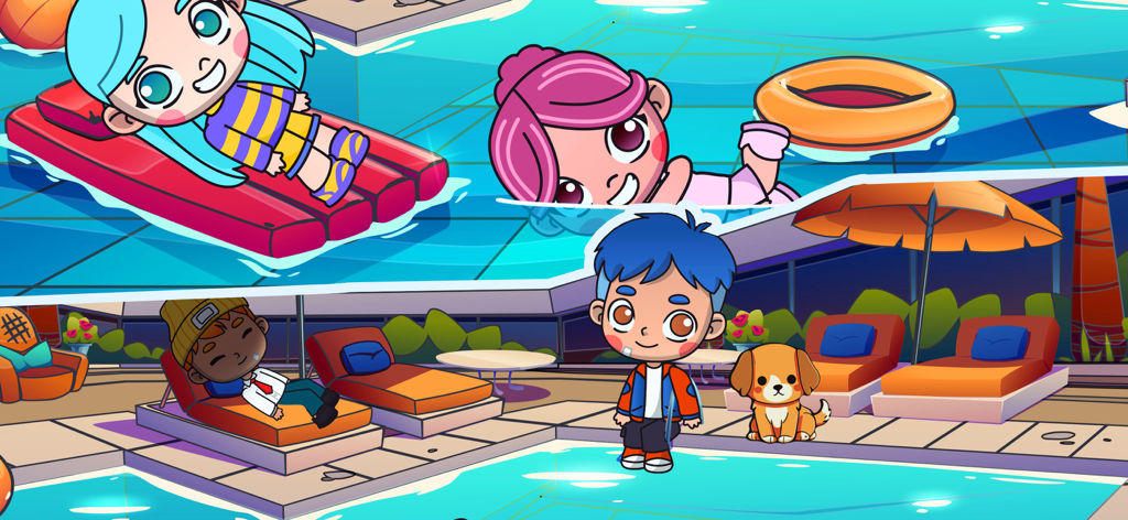 PlayWorld: Create Your Story - Cartoon characters and a dog relaxing and swimming at a pool in PlayWorld