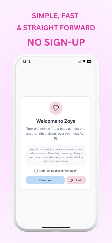 ZOYA Baby Monitor (Local Wifi) - Écran de bienvenue de l'application Babyphone ZOYA soulignant l'absence d'inscription et la connexion via Wi-Fi local