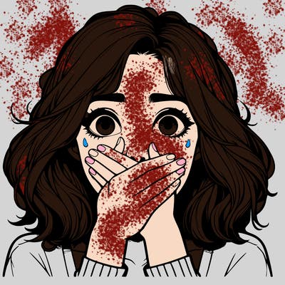 realistic girl covering her mouth with her hand wide eyed in shock and fear