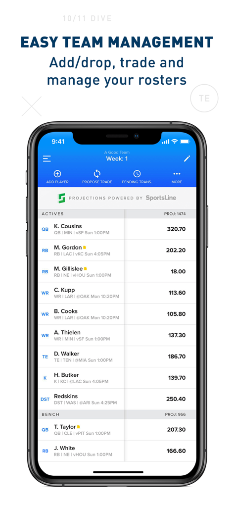 CBS Sports Fantasy - CBS Sports Fantasy app interface showing a football roster with player projections and lineup management tools.
