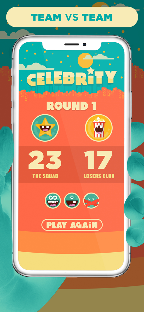 Celebrity: Party Game - Pantalla de resultados del juego de fiesta Celebrity mostrando las puntuaciones de dos equipos que compiten llamados The Squad y Losers Club.