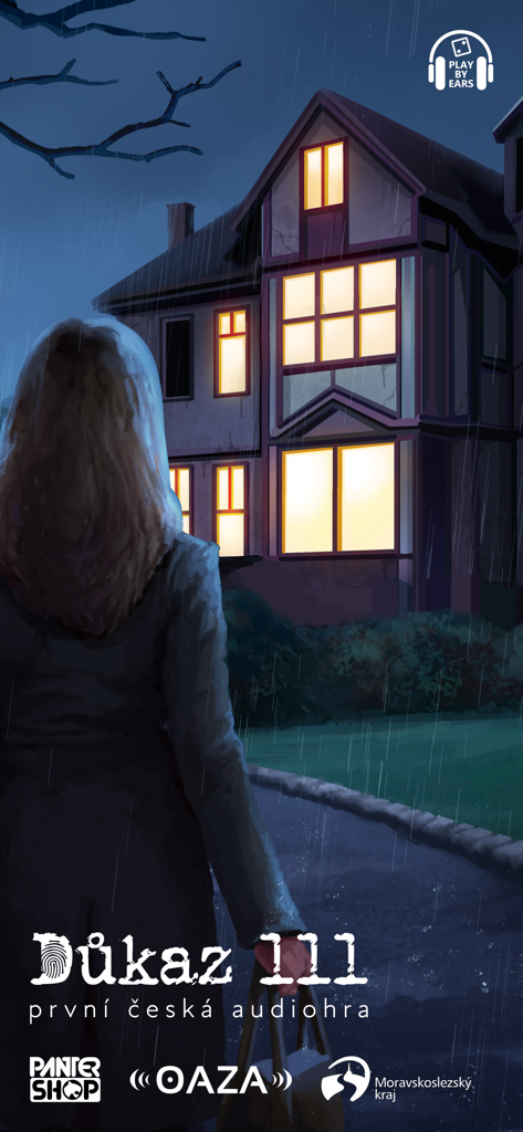 Důkaz 111 - Una mujer parada bajo la lluvia mirando una casa misteriosa por la noche en el juego de audio Evidence 111.