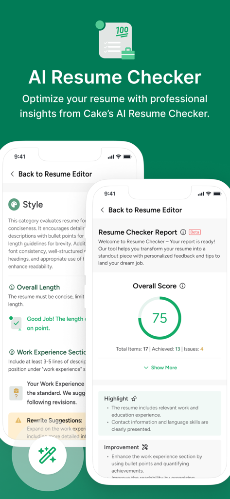 Cake: Job, Resume & Networking - 케이크 앱의 AI 이력서 검사기 인터페이스는 최적화 점수 및 피드백을 보여줍니다.